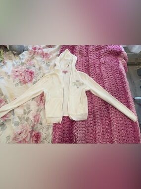 Authentic Juicy Couture Cream Hooded Zip-Up Sweater with Rhinestone Crown Detail